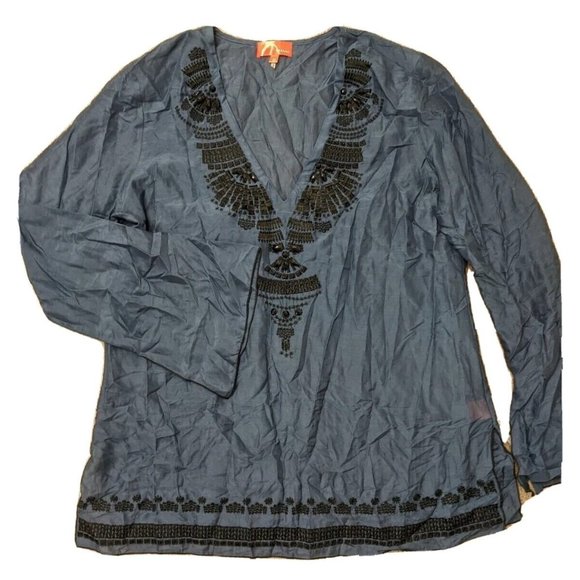 Hale Bob Cabana SZ M Cover-up Blue/Black Beading Embroider Wm Tunic Lightweight - Picture 1 of 10